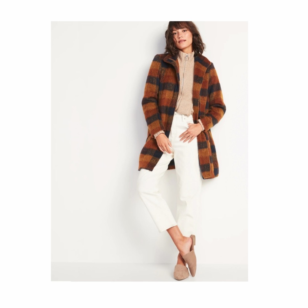 Oversized soft brush Plaid mid length coat